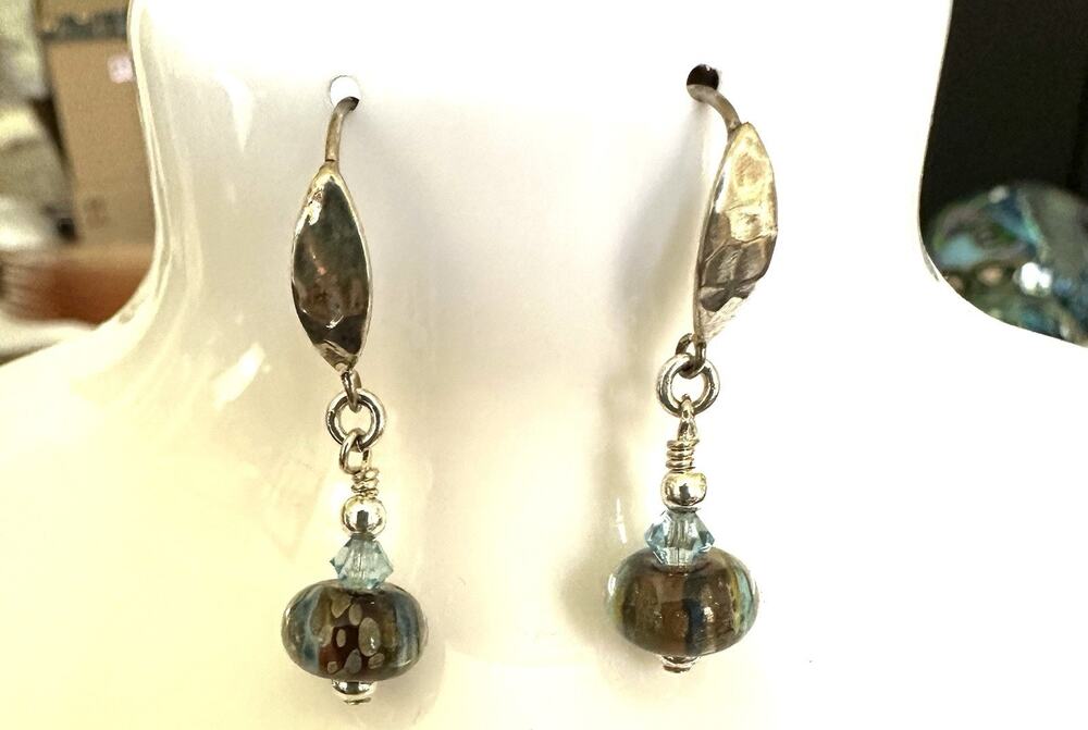 Silver 925 Shimmery Green & Brown Lamp Work Glass Bead Dangle Ornament Earrings